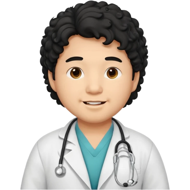 a young asian chubby male doctor with very black long curly hair and cheerful face without gpasses emoji