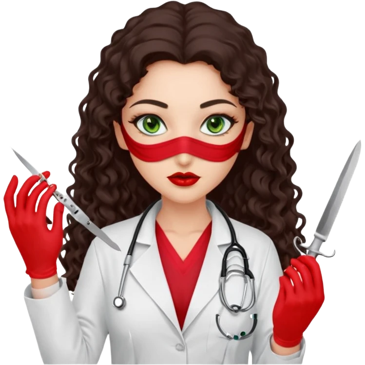Lilith scalpel sexy evil woman. She has green eyes.  has dark brown long curly hair.  evil surgeon kills holding scalpel.  wears sexy doctor coat with red gloves. Covers only nose neck  and mouth with Muslim red berka  emoji