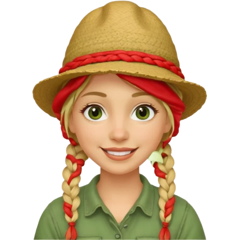 messy green clay mask and red tourist hat blond braided woman big eyes smiling and clay mask emoji