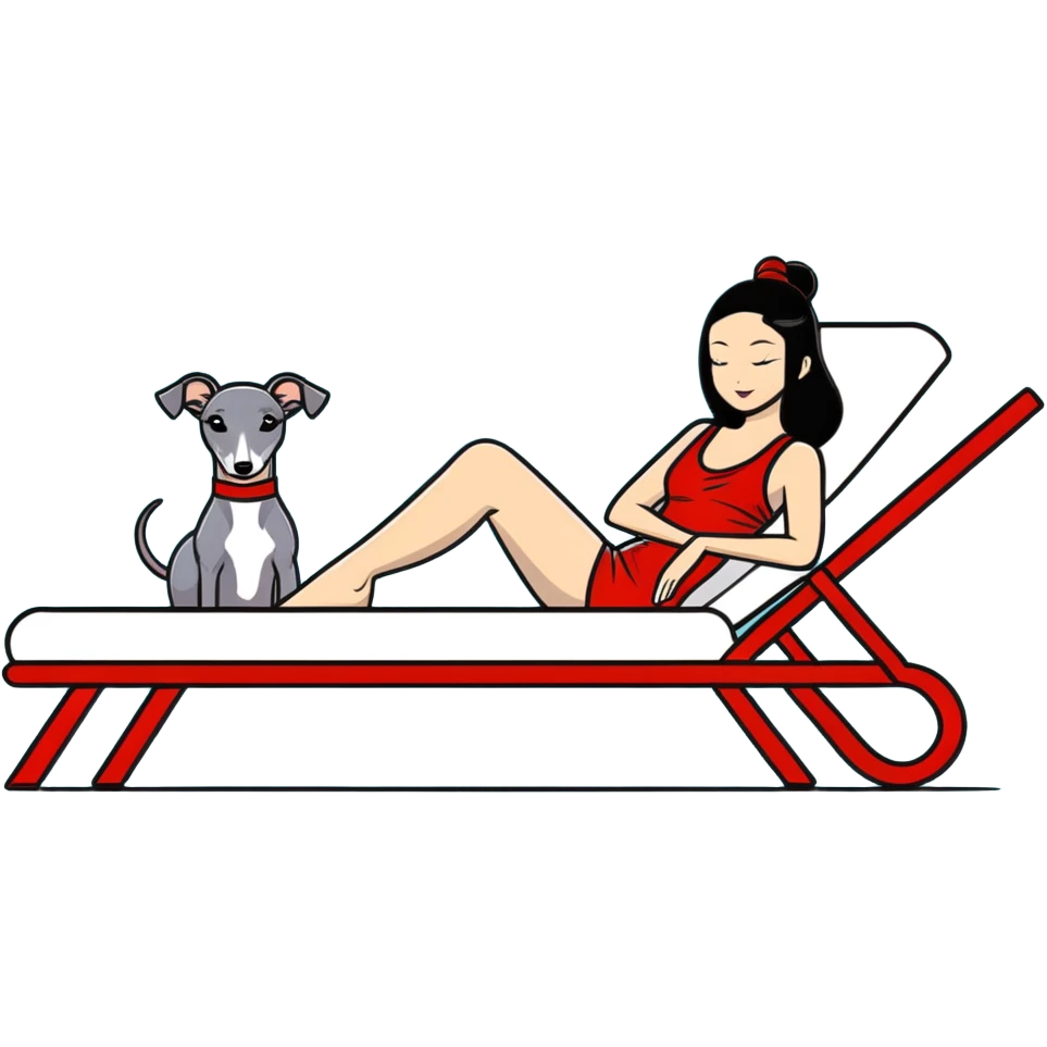 Very thin and slim Chinese woman with long black hair in elegant pool attire relaxing on a comfortable spa lounger at a luxury spa pool with her Italian greyhound that is COMPLETELY solid dark grey with ABSOLUTELY ZERO white markings anywhere - 100% uniform dark grey color only - also relaxing on a lounger emoji