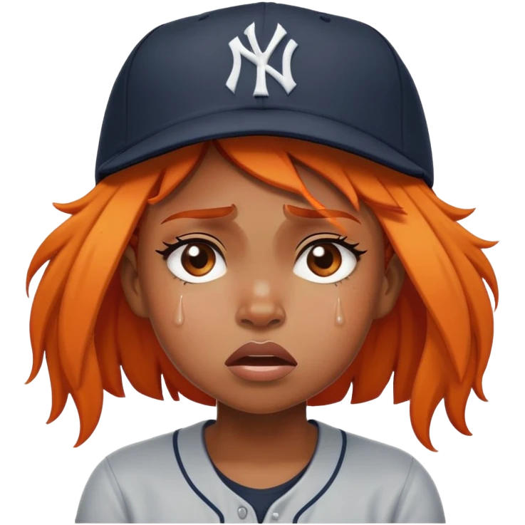 Frowning crying black girl with big tears and a Yankees baseball hat with orange hair emoji