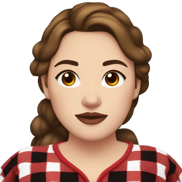 Plus size woman with brown hair and brown eyes wearing red and black buffalo plaid pjs. White skin. emoji
