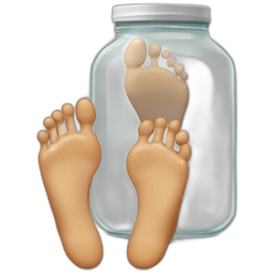 human feet standing on the floor with an empty transparent jar between them,outside,to the left and to the right,front view emoji