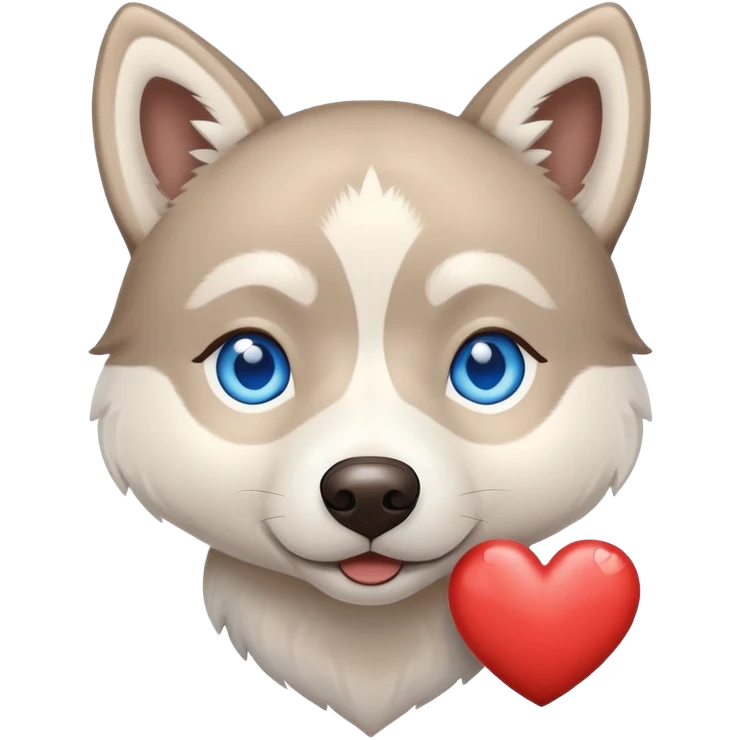 Beige husky with blue eyes holding a brown heart emoji