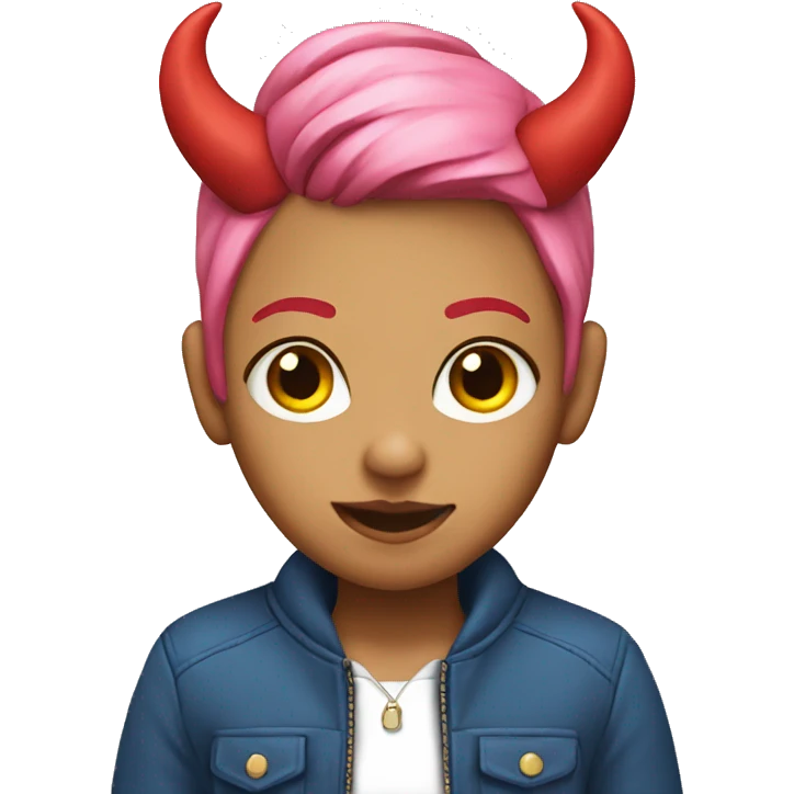 Girl with pink hair and red devil horns and a blue jacket emoji