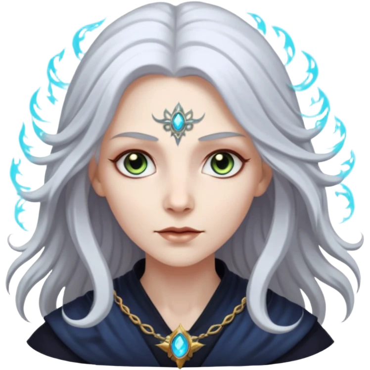 White silver Long Haired Women, Mystic seer — hair floating, glowing eyes emoji