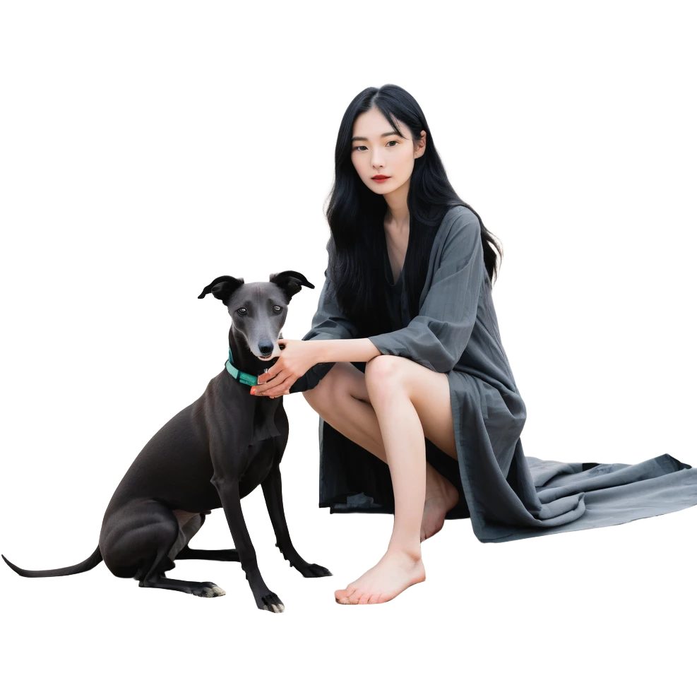A very beautiful and attractive 25-year-old Chinese woman with long flowing black hair and a SOLID DARK GREY whippet sitting together on a beach during a beautiful sunset. The whippet MUST be COMPLETELY SOLID DARK GREY with ABSOLUTELY NO WHITE MARKINGS ANYWHERE - no white chest, no white face, no white paws, no white tip on tail - ENTIRELY ONE SOLID DARK GREY COLOR throughout the entire dog. Orange and red sunset sky over the ocean, sandy beach in the foreground. emoji