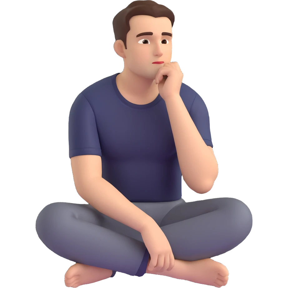 emoji-style image of a man sitting alone, hand under chin, gazing to the side with a thoughtful, contemplative look, serious and curious mood, clean simple background emoji