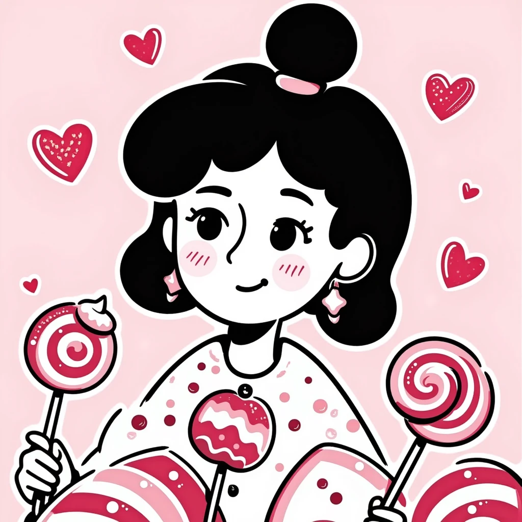 Japanese hand-drawn style portrait background, pink candy theme, with lollipops, sweets, and soft pastel gradients, dreamy and cute emoji