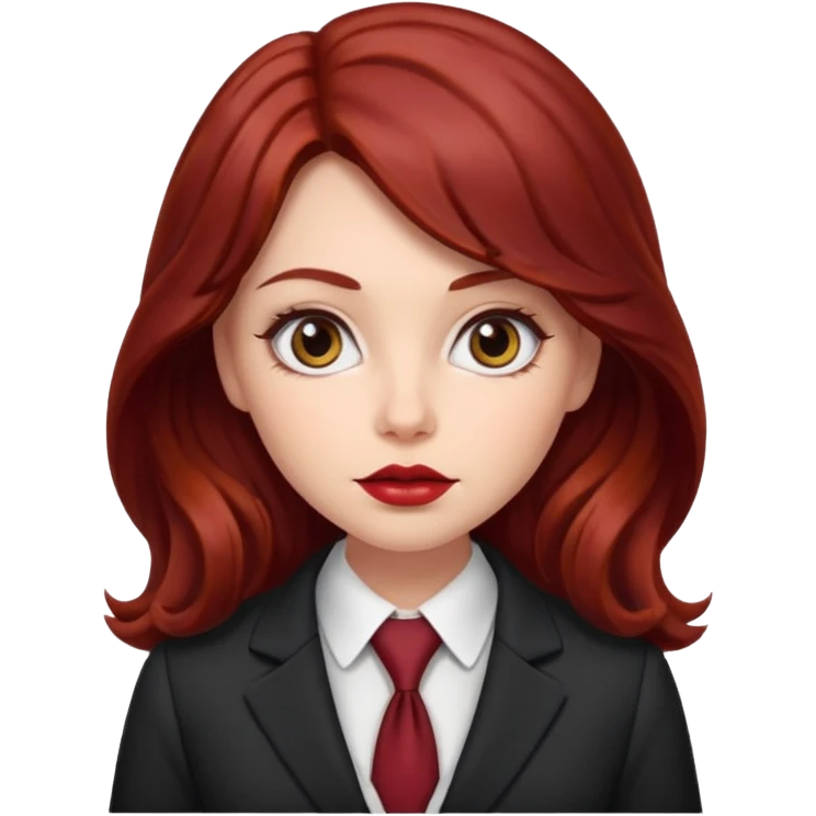 long and wavy dark red haired girl, with thick lips, big eyes and she looks like an attorney but feminine emoji