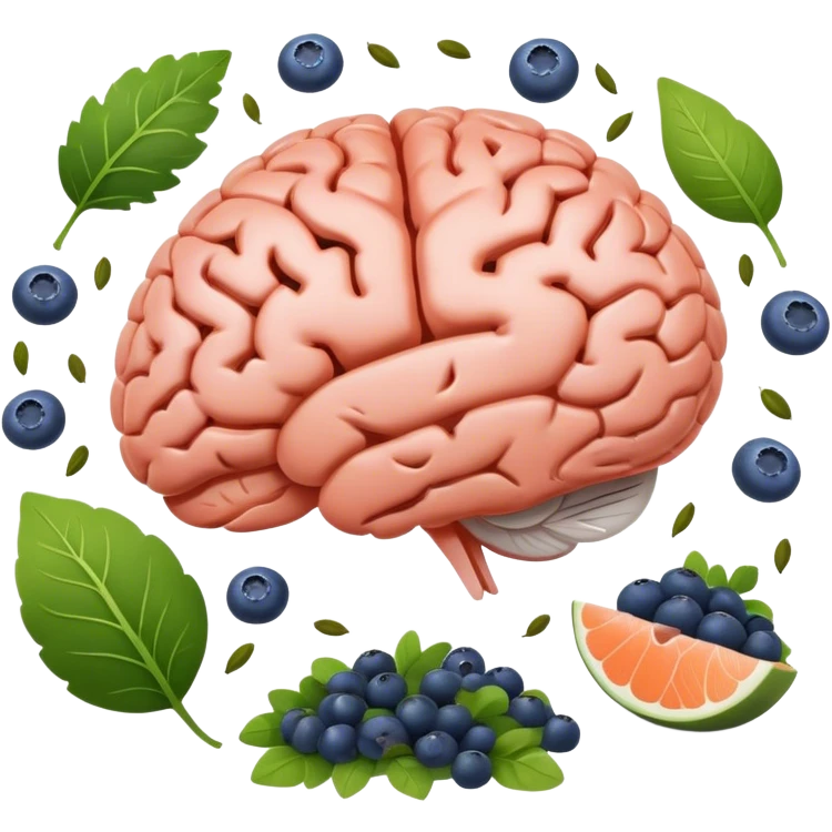brain surrounded by healthy lifestyle choices, exercising, salmon, dark chocolate, blueberries, seeds, leafy greens . brain booster emoji