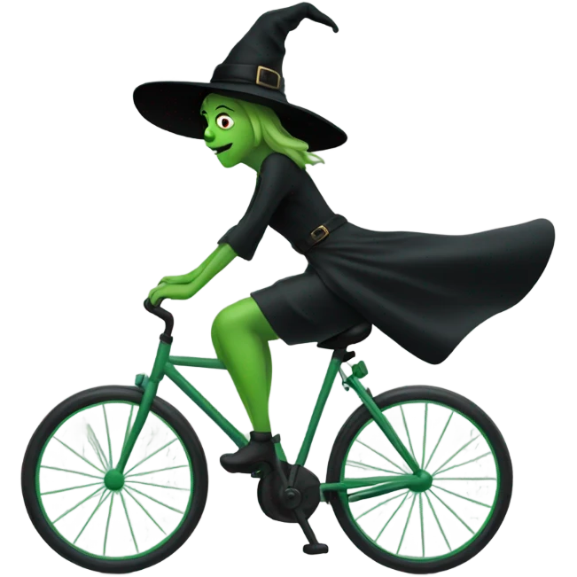 green witch with a black hat on a bike emoji