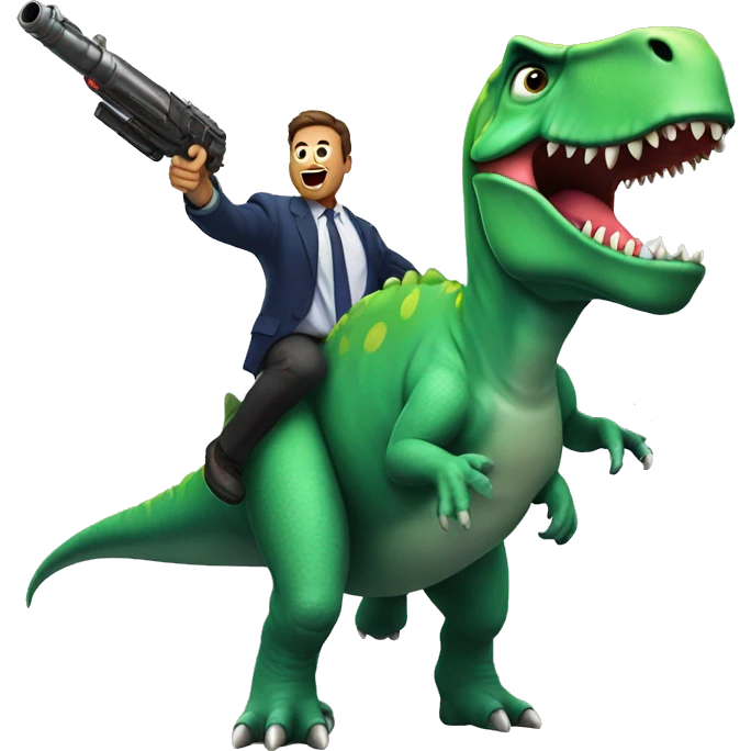 A dinosaur holding a gun in a rocket going trough the space with a man dancing  emoji