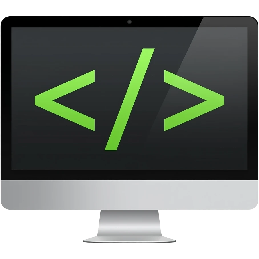 Computer emoji: minimalist desktop monitor with a green code line on screen, flat iOS vector style, professional aesthetic, transparent background."computing emoji