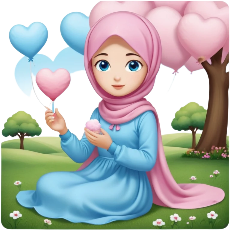 Turkish beautiful finish Konya girl blue eyes with cotton candy hijab long tail dress and sits on the grass on the ground and sends hearts with her hand  emoji