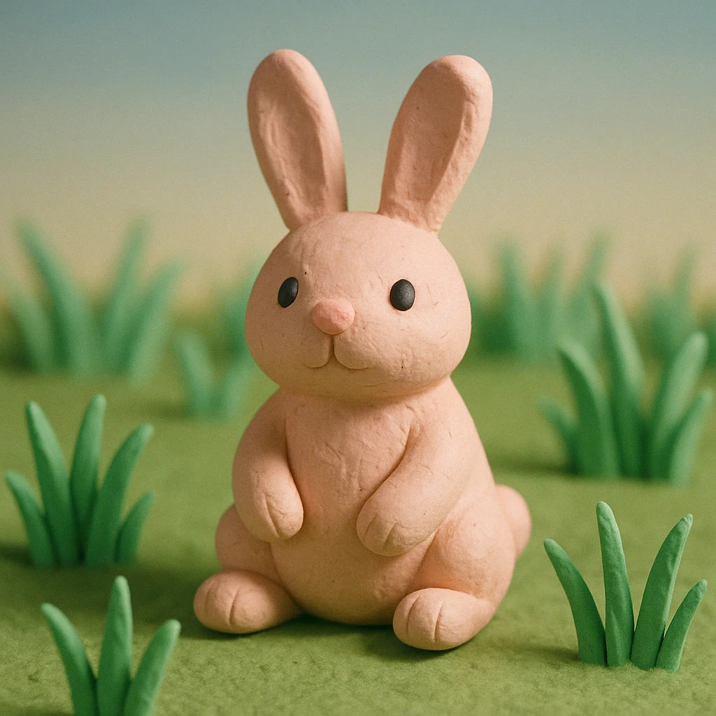 rabbit sitting in grass, pastel colors, visible fingerprints, cute and playful, claymation style emoji