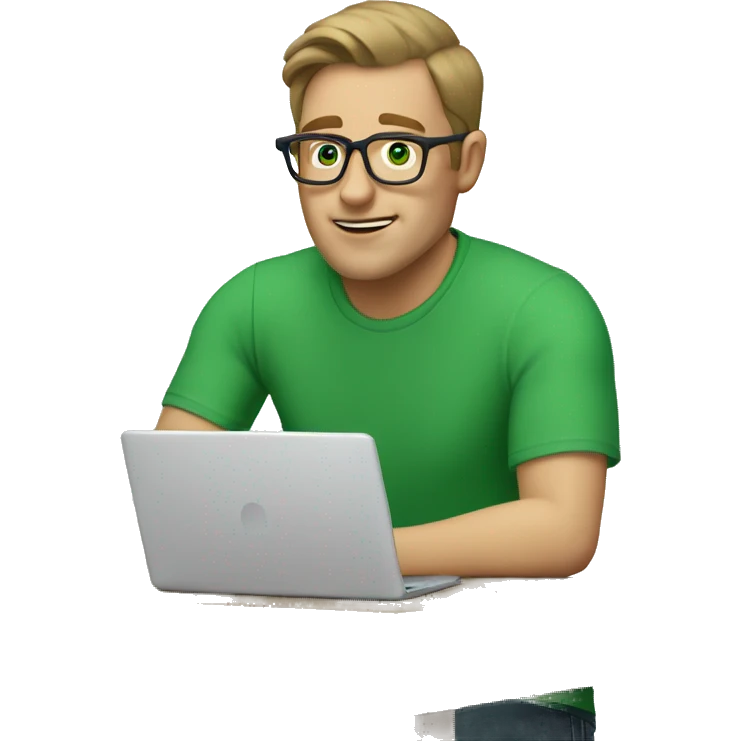 white man with blue eye and light brown hair and square glasses wearing green t-shirt using laptop emoji