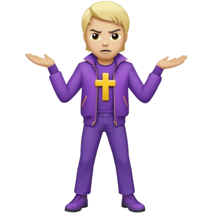 Create A Guy Wearing Light Skin Blond Hair Yellow Cross Purple Jacket Purple Pants And Mad Face emoji