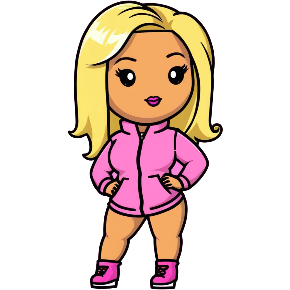 Nicki Minaj wearing a pink outfit with blonde and pink hair emoji