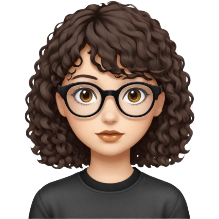 A girl with fair skin, brown eyes with black square glasses, eyeliner, shoulder length curly hair with bangs, with a grunge outfit  emoji