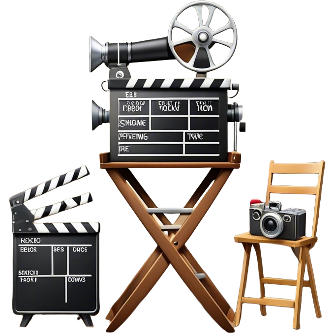 Icon for Directing: a director's chair, a film clapperboard, large movie camera, vintage megaphone and a stage with a spotlight. The icon should represent the creative and organizational aspects of directing, with focus on storytelling, staging, and performance. Transparent background. emoji