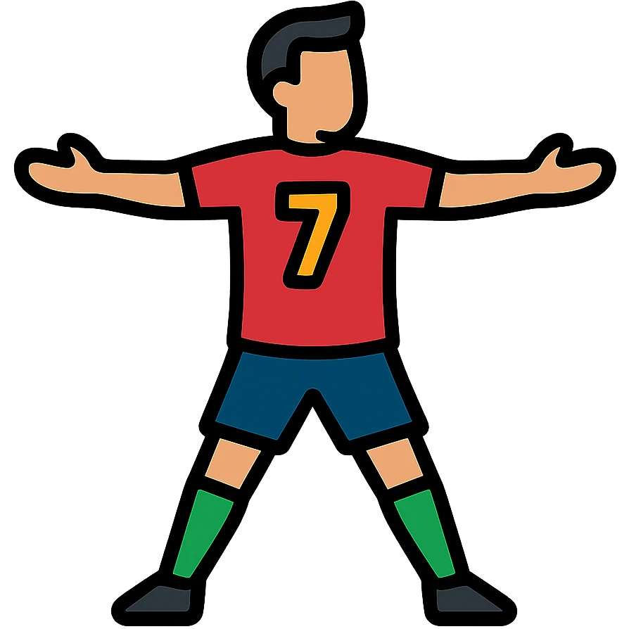 Cristiano Ronaldo soccer player with number 7 jersey, striking a celebration pose with arms spread emoji