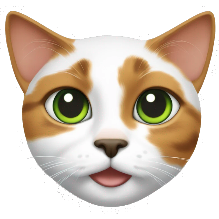 calico cat with green eyes.  Black circles around her eyes. Orange forehead, nose and mouth.  chest and front legs are mostly white, emoji