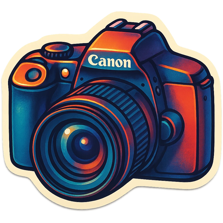 retro sticker style image of a Canon-like DSLR camera with prominent lens, bold contours, juicy colors, expressive highlights and shadows, playful energetic camera emoji