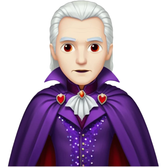 Dracula with long white hair, dark purple sequin suit, dark red sequin cape emoji