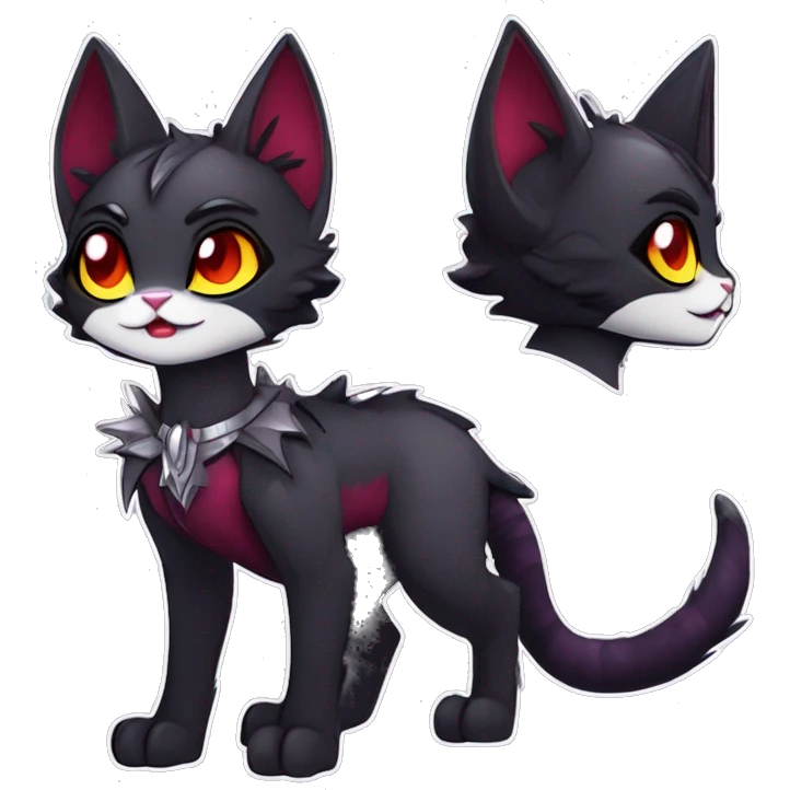Anthro-Cute-Edgy-Cool-Vampiric-Batty-Cat-Black-Purple-Red-Grey-White-Yellow-Contrast-Colors-Fantasy-Fur-Sona-Chibi-Shiny-Fakémon-Hybrid with horns and big fangs and collar full body emoji