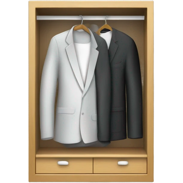 Design an emoji-style icon of an open wardrobe with clothes hanging inside. Include details like a wooden frame, hangers, and only black or white different clothing items such as shirts or any other clothing . Use a clean and minimalistic design. emoji