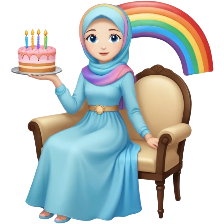 Turkish beautiful finish Konya girl blue eyes with pastel hijab long tail dress and sits on the chair and holds rainbow cake with her hand  emoji