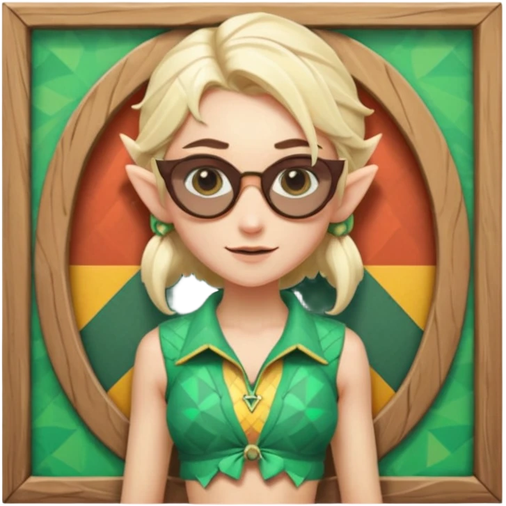 elf female legolas portrait, patterned board shorts (geometric/abstract), unique wooden-framed sunglasses, undercut hairstyle, slight smirk, visible pointy ears, no background, centered emoji, hipster summer vibe emoji