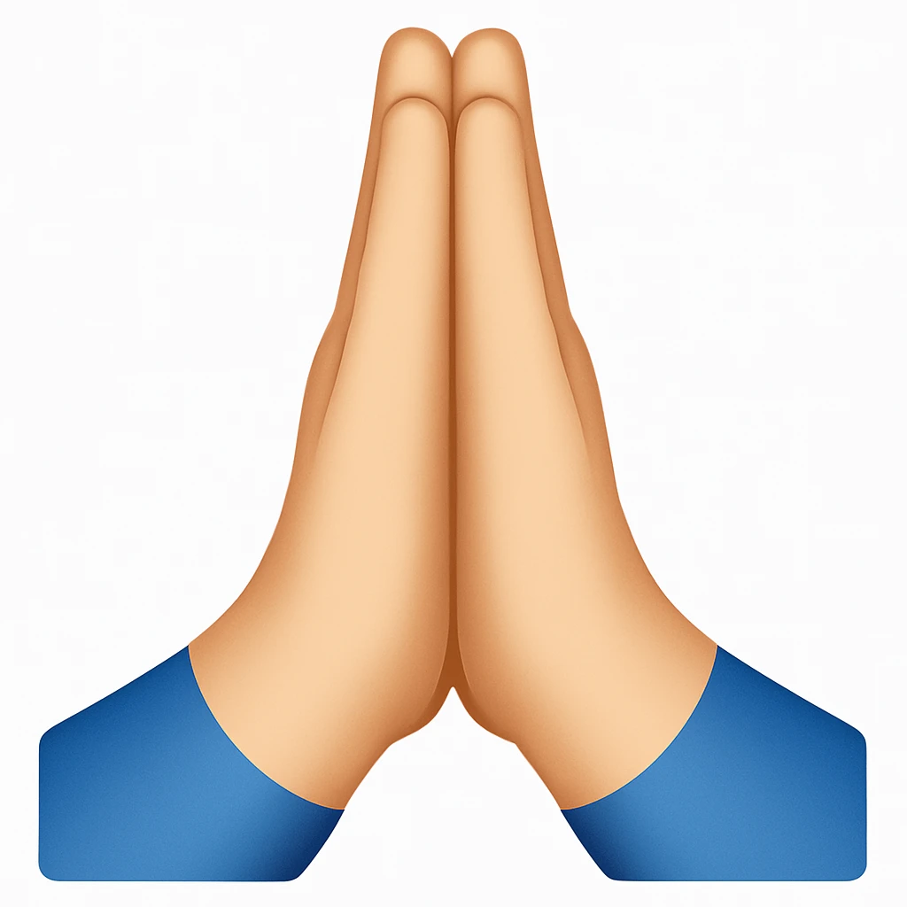 Caucasian hands together in prayer, point of view with thumbs in front, in emoji style. emoji