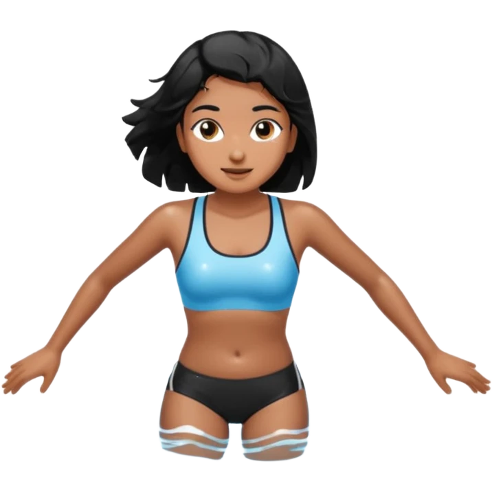A girl swimming in Goan ocean. Girl should have black hair, clothes should be shorts and tank top or sports bra because she is Indian. Color should be brown like light dusky not dark emoji