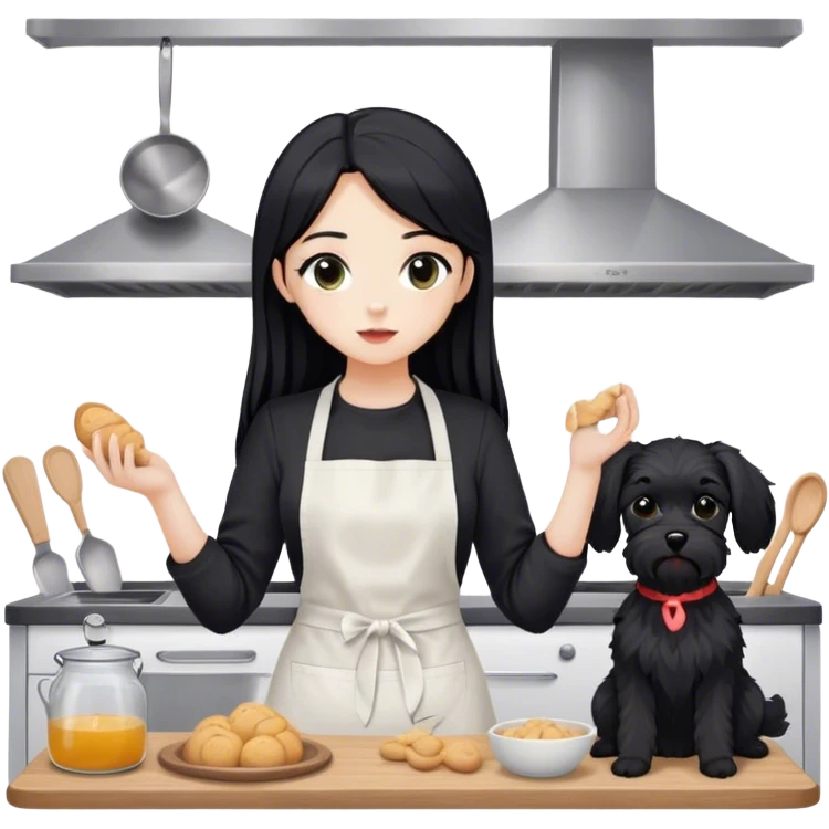 pale girl with long black hair wearing black long sleeve tshirt wearing apron and baking treats holding black floppy ear schnauzer no tail emoji