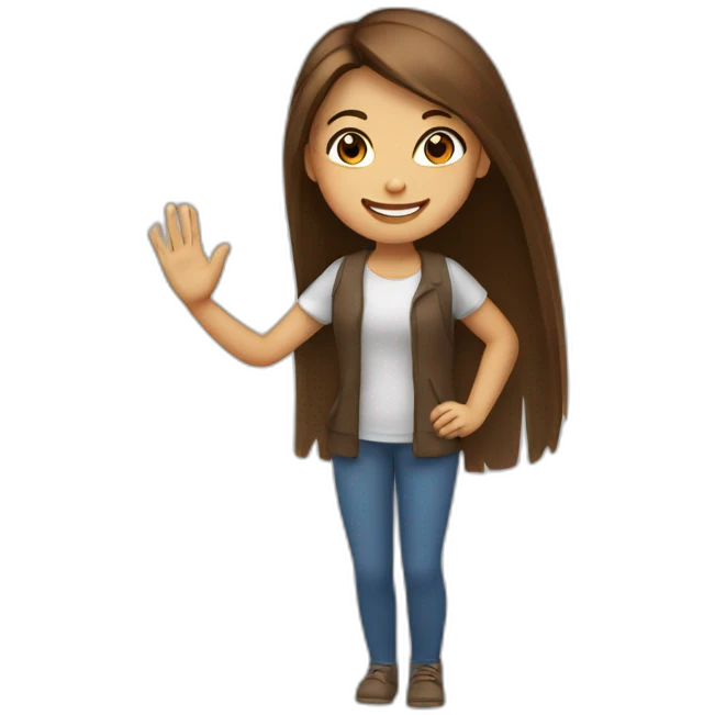 Girl with brown, long and straight hair smiling kindly and waving with the left hand emoji