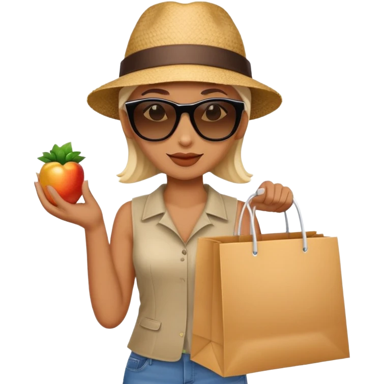 mystery shopper wearing sunglasses and a hat, holding a shopping bag emoji