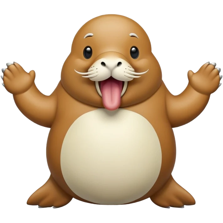 A round-shaped walrus wobbles with joy, its big tusks and silly smile stealing the spotligh emoji