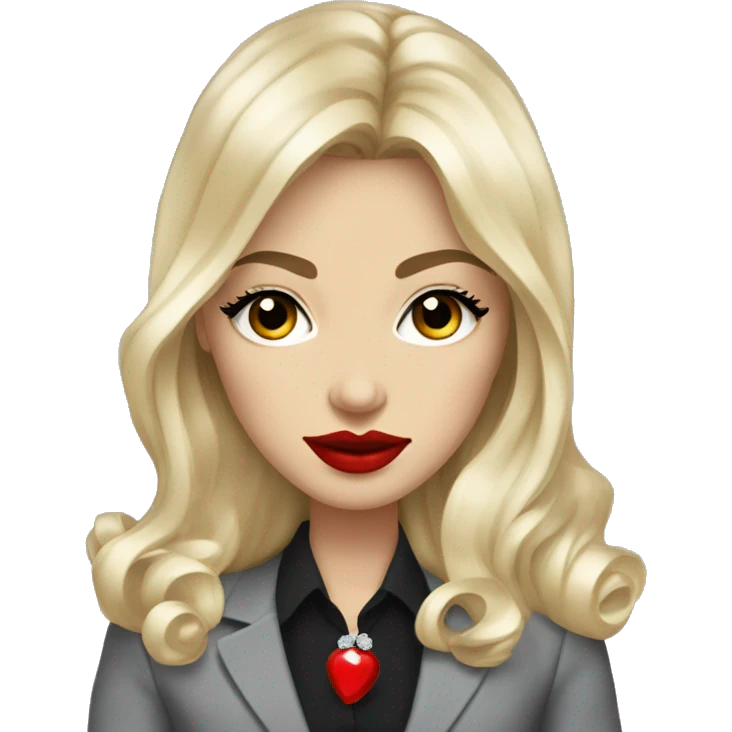 Russian Blonde long hair with big red lips small nose and black eyes Tiffany diamond seller in a grey suit emoji