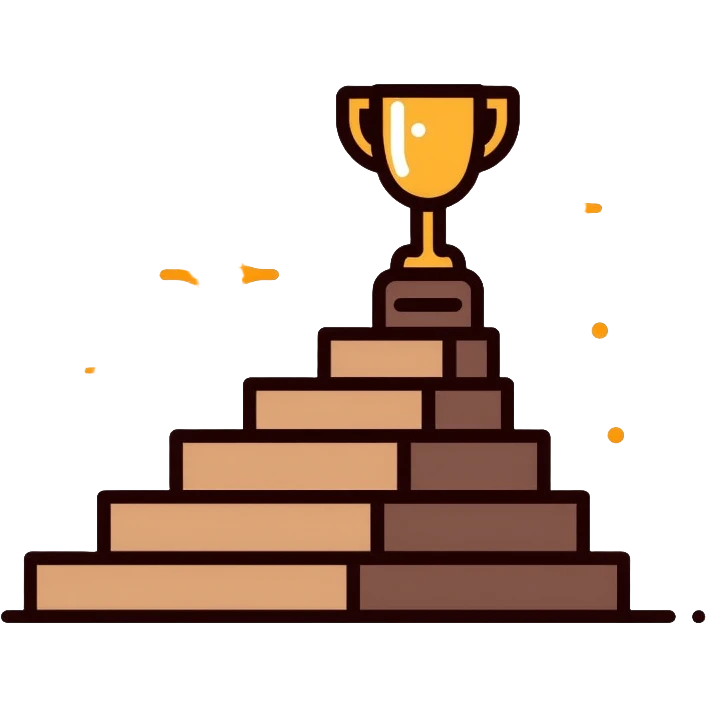 Path to success logo with steps or staircase leading upward to a trophy or achievement symbol, using brown shades and golden accents emoji