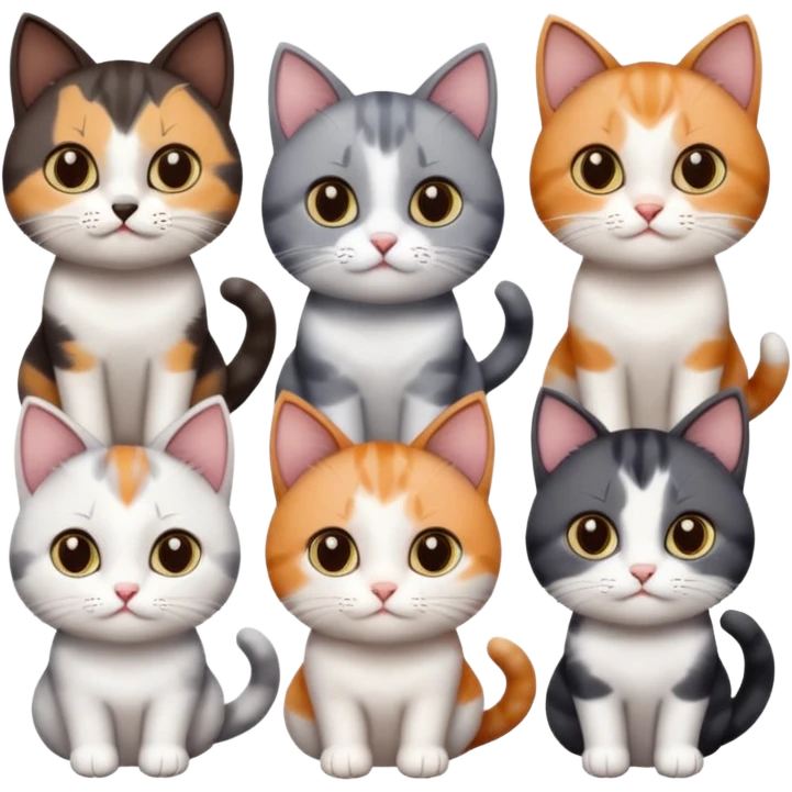 5 different coloured short haired cats including; a dark brown and white cat, and a dark grey and white, and a calico emoji