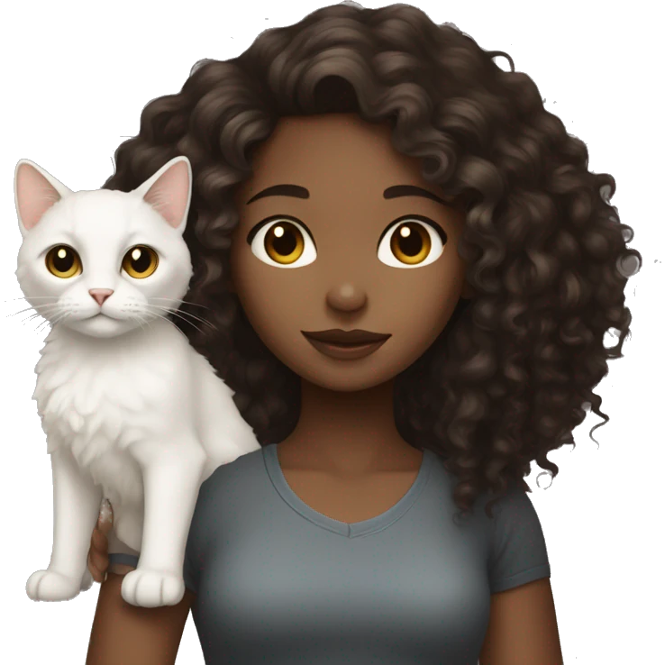 Dark brown curly hair girl with a white cat emoji
