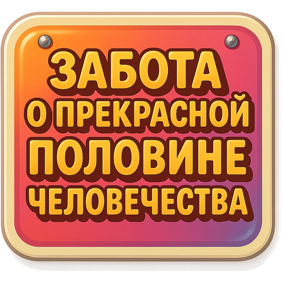flat rectangular beige sign with rounded corners, light shadow, two nails at the top, retro sticker style, text 'Забота о прекрасной половине человечества' emoji