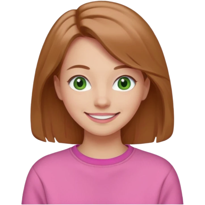  Una donna con una felpa semplice rosa, senza cappuccio. i capelli sono lunghi fino alle spalle marroni chiaro,gli occhi sono verdi e la bocca è contenta  emoji