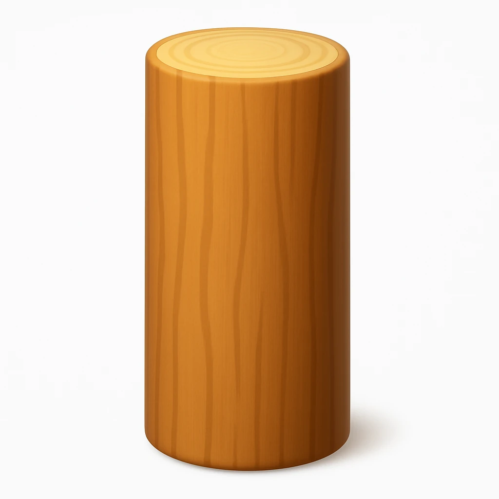 Create an emoji of a log exactly like the reference image but without the face and arms. The style should be iOS emoji style with a smooth, shiny wood texture and the log should be upright. Add a soft shadow to the log. emoji