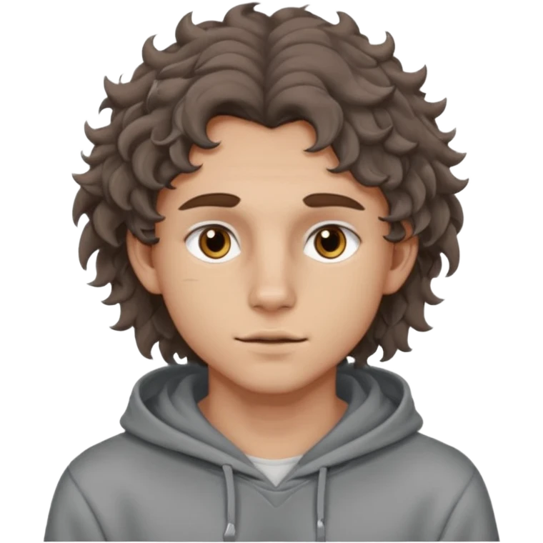 18 year old boy siren eyes good jawline with grey hoodie and long brown wavy curly wolf cut hair emoji