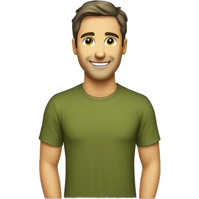smiling man, olive color t-shirt,  emoji