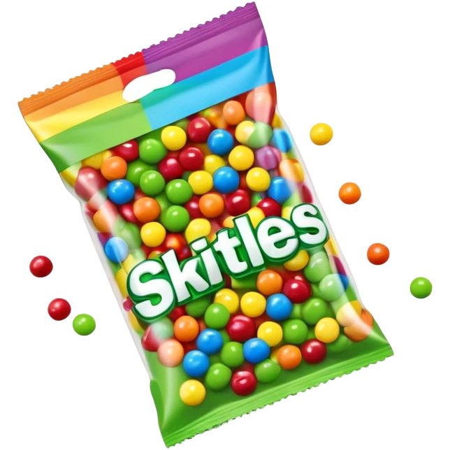 A Skittles candy package opened from the top with green candies spilling out. Minimalist design with rainbow packaging. emoji