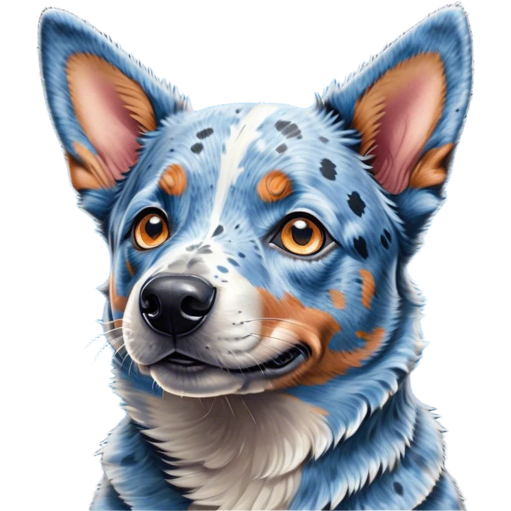 Cinematic Cute Blue Speckle Australian Cattle Dog Portrait Emoji, Head tilted playfully and inquisitively, featuring a vibrant blue speckle Fur with dynamic patterns, round, sparkling blue eyes filled with curiosity, Simplified yet irresistibly adorable features, highly detailed, glowing with a warm, friendly glow, high shine, affectionate and energetic, stylized with a touch of whimsy, bright and endearing, soft glowing outline, capturing the essence of a mischievous yet loving pup, so playful it feels like it could bound out of the screen and into your arms! emoji
